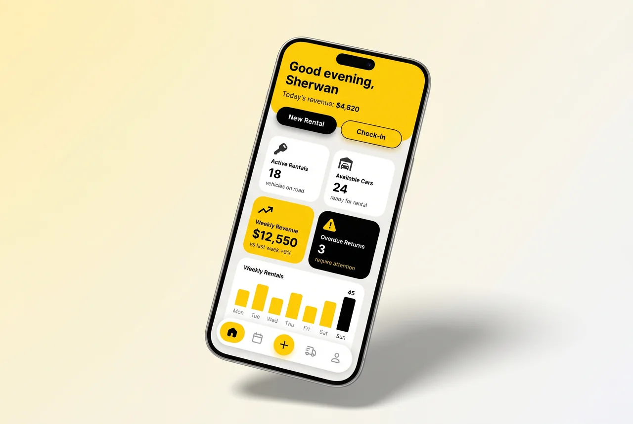 CarCEO dashboard on a phone — today's revenue, KPIs and weekly chart