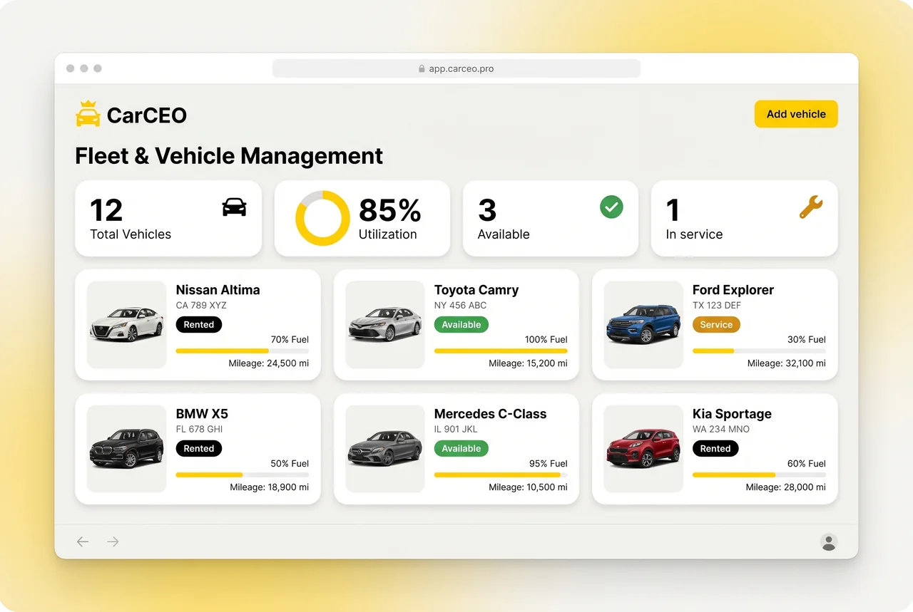 CarCEO fleet management grid — every vehicle, status, fuel and mileage at a glance