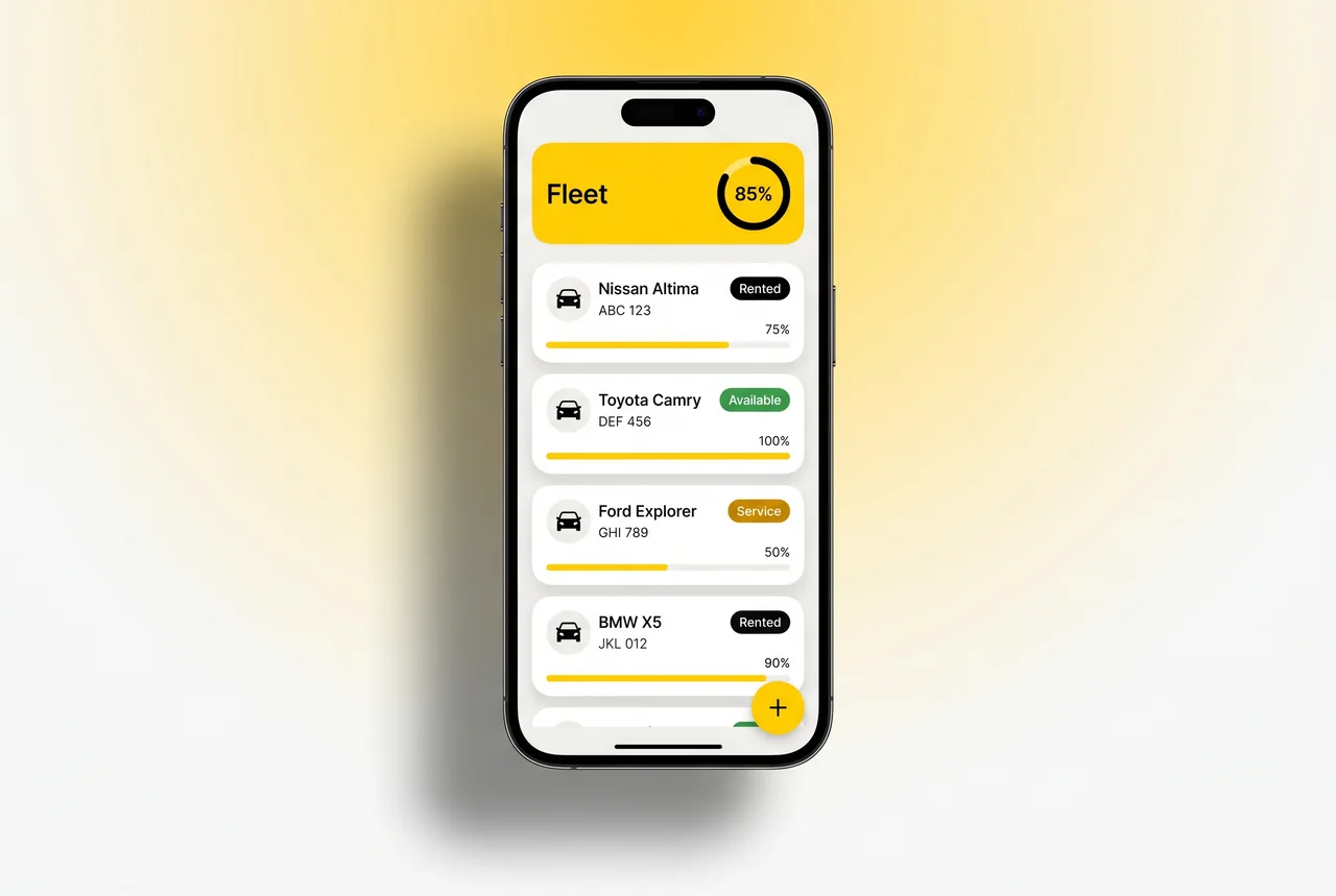 CarCEO fleet list on a phone — vehicles, plates and live status