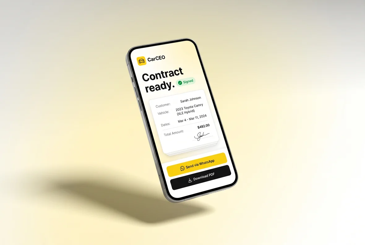 CarCEO contract ready to send via WhatsApp on a phone