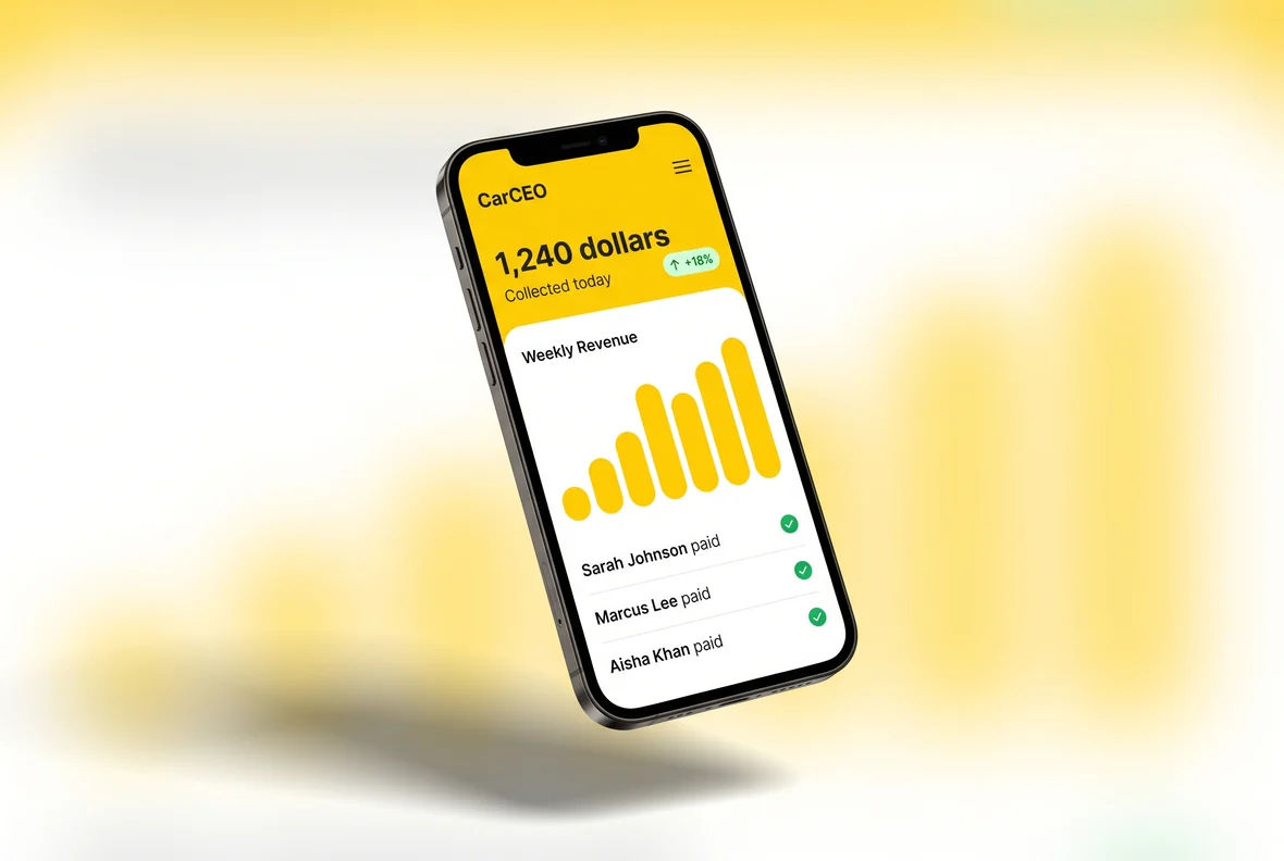 CarCEO revenue dashboard on a phone showing money collected today